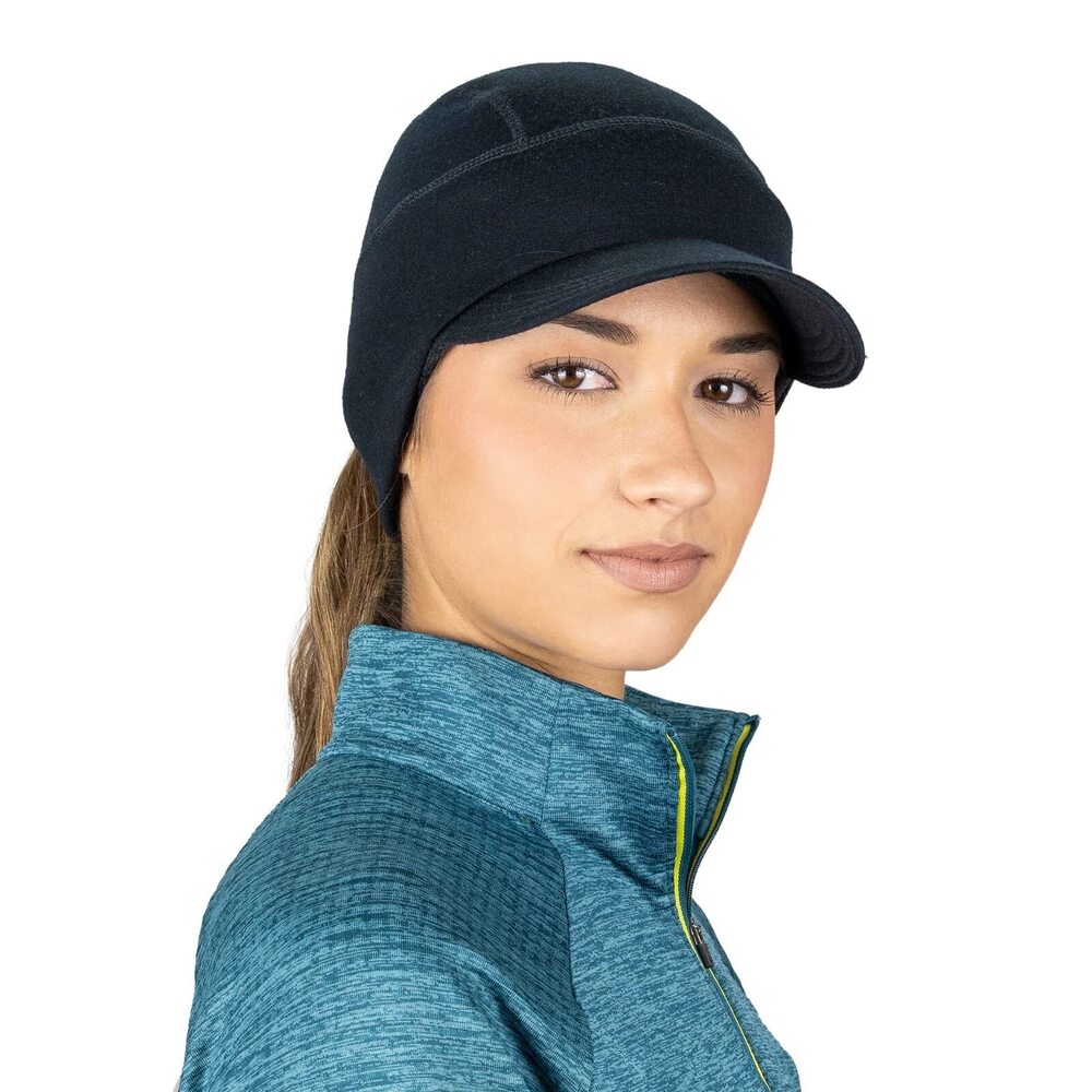 8432 Ponytail Hat | Merino Wool Hat with Drop Down Ear Warmer - Black